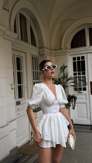White Eyelet Bow Playsuit