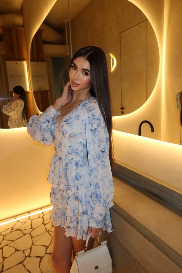 Azure Bloom Silk Chiffon Mini Dress