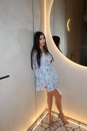 Azure Bloom Silk Chiffon Mini Dress