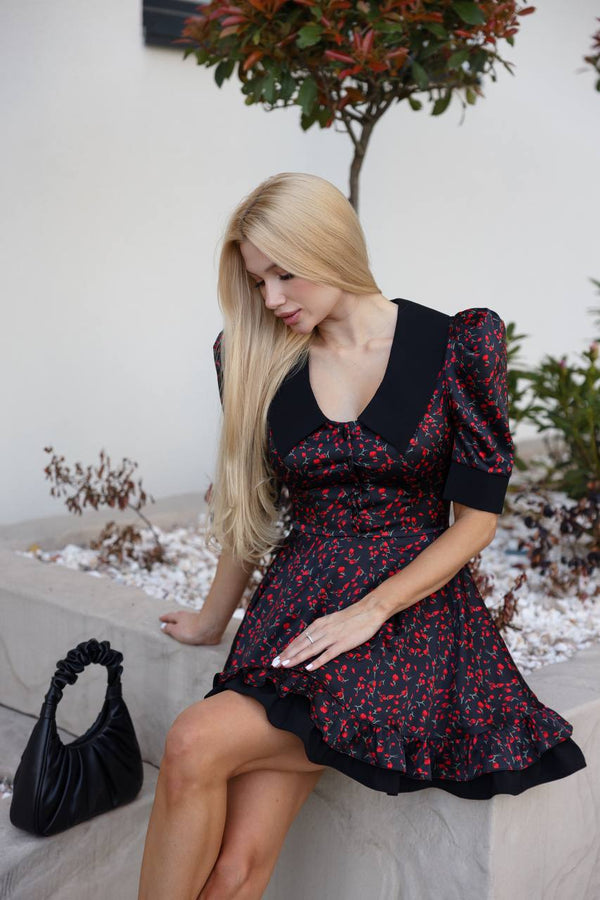 Rochie cu guler Midnight Cherry Bloom