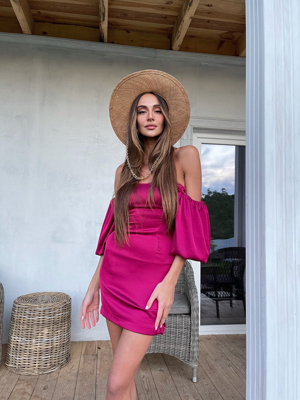Sylvette Off-Shoulder Satin Mini Dress – Fuchsia