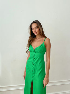Nolwenn Buttoned Satin Slip Dress – Green