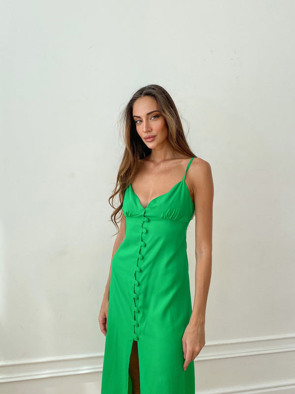 Nolwenn Buttoned Satin Slip Dress – Green