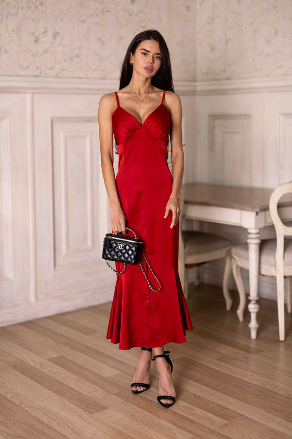 Elodie Fluted Slip Dress – Red