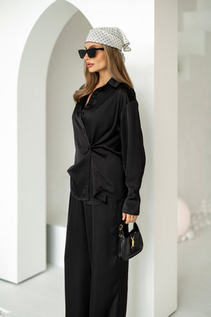 Armelle Satin Shirt & Trouser Set – Black