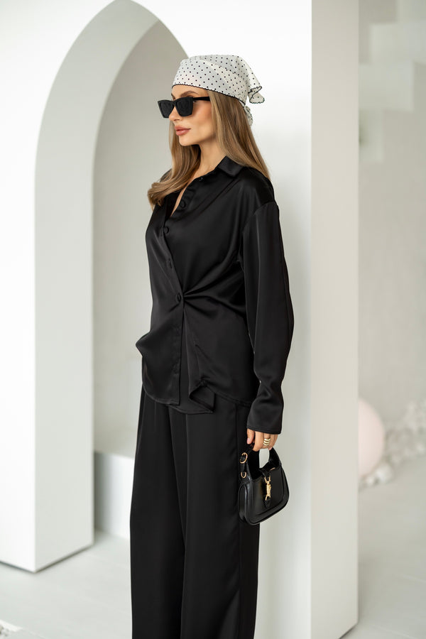 Armelle Satin Shirt & Trouser Set – Black