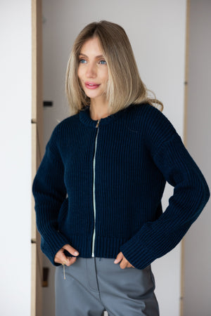 Romy Zip-Front Knit Jacket – Navy
