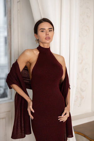 Salomé Halter Maxi & Cardigan Set – Burgundy