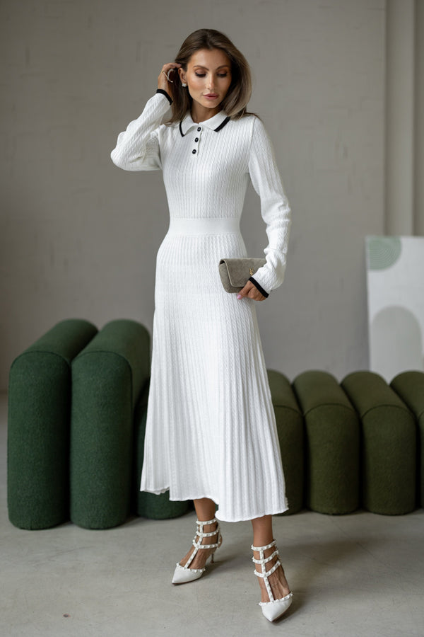 Constance Contrast-Collar Knit Midi Dress – White