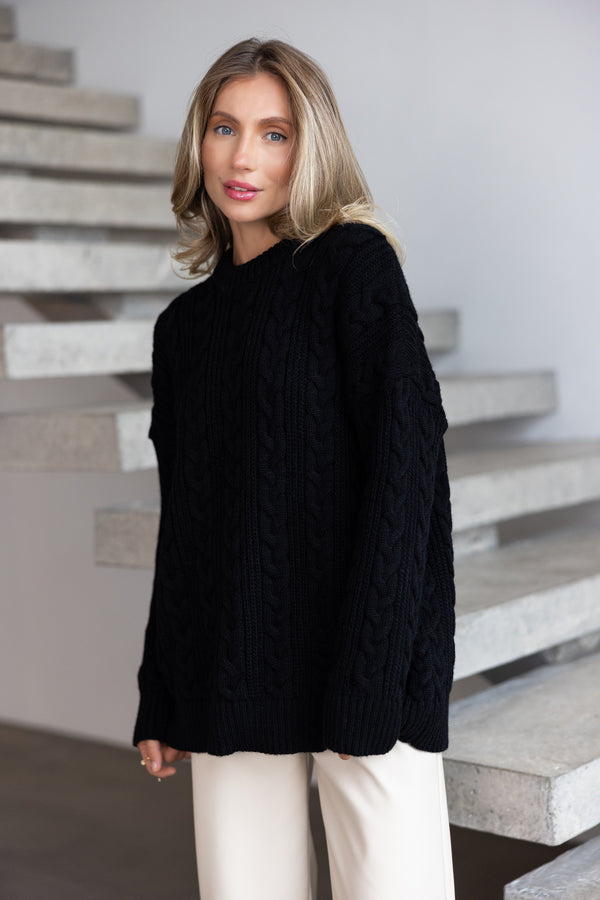 Mireille Cable Knit Sweater – Black