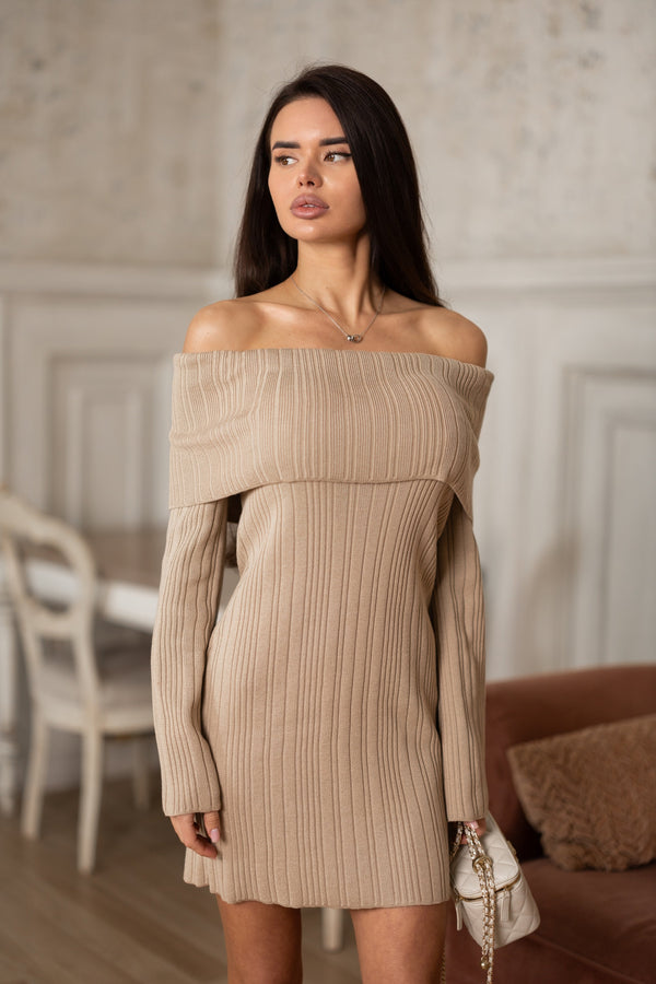 Noor Off-Shoulder Knit Dress – Beige