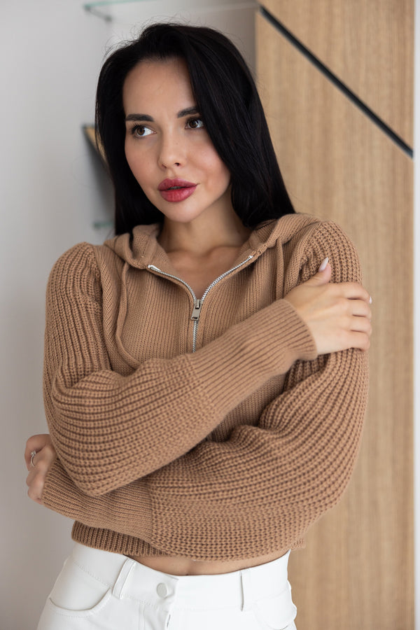 Capucine Cropped Zip Knit Jacket – Camel