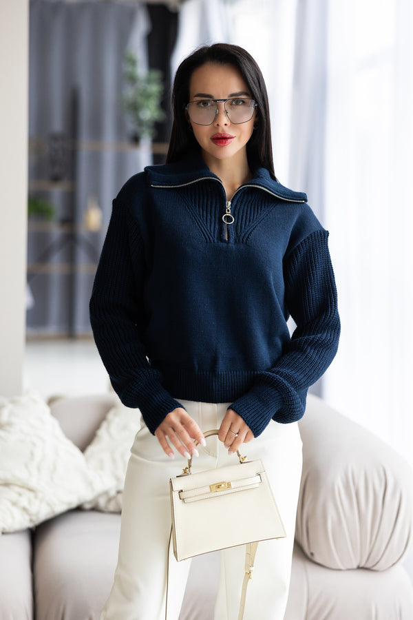Éliane Half-Zip Cropped Sweater – Blue