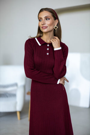 Constance Contrast-Collar Knit Midi Dress – Burgundy