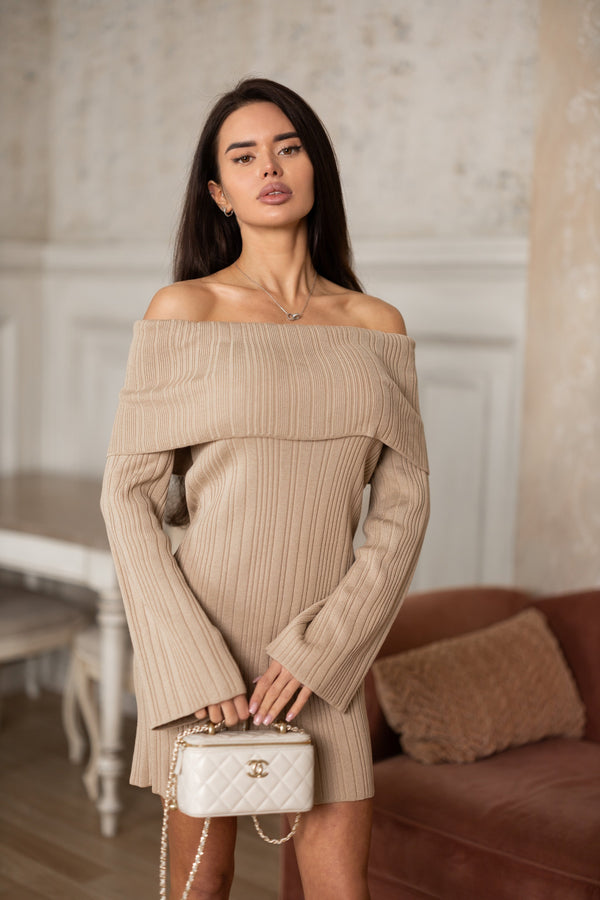 Noor Off-Shoulder Knit Dress – Beige