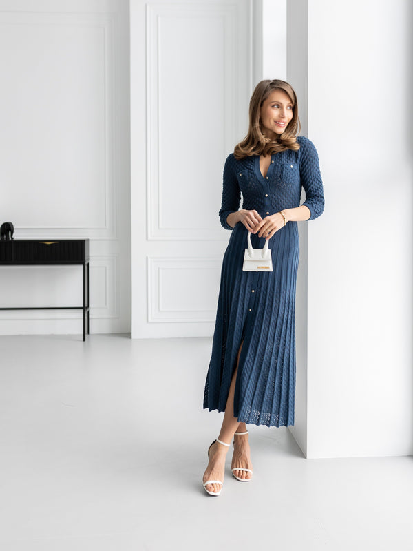 Aurelie Pointelle Knit Maxi Dress – Blue