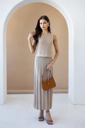 Ophélie Knit Top & Pleated Skirt Set – Beige