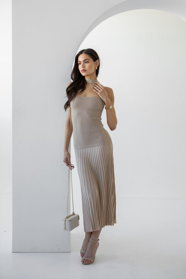 Emeline Strapless Pleated Dress – Beige