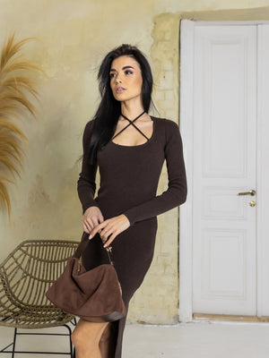 Rhéa Strap-Neck Midi Dress – Brown