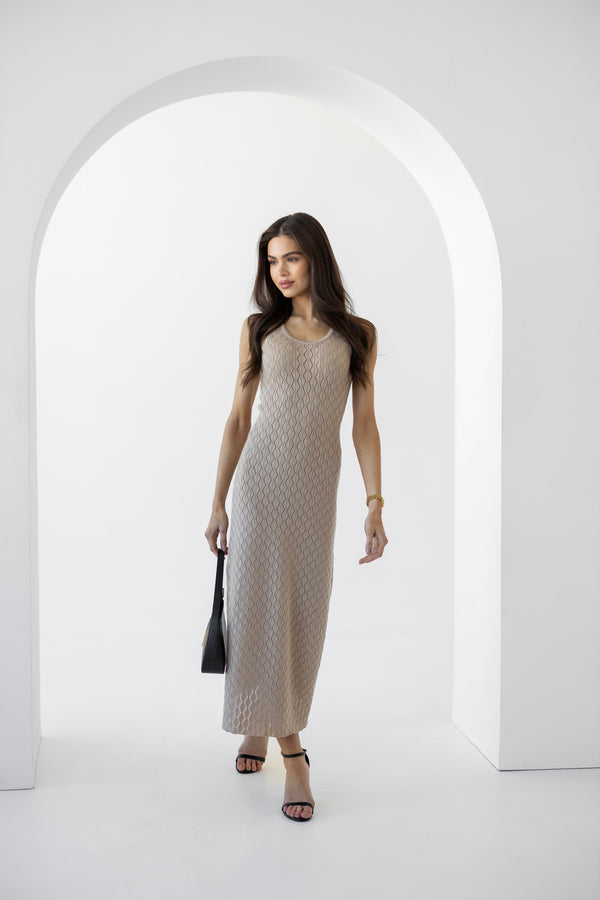 Talia Crochet Knit Maxi Dress – Beige