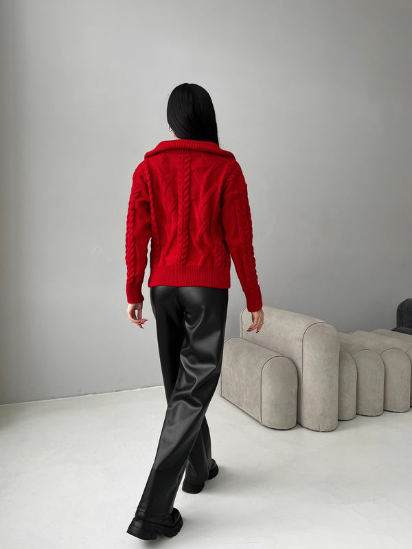 Vera Cable Half-Zip Sweater – Red