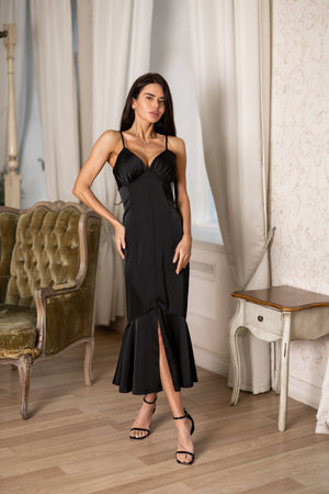 Elodie Fluted Slip Dress – Black