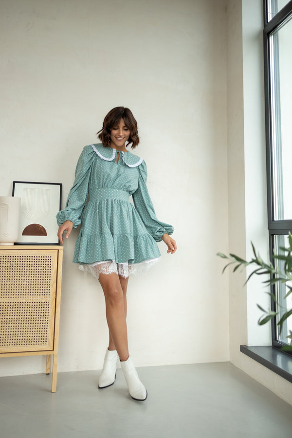 Oriane Lace-Trim Printed Mini Dress – Mint
