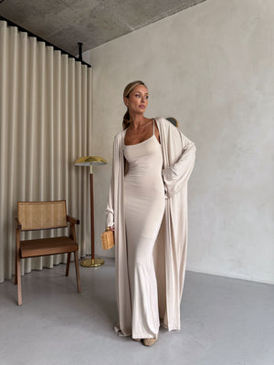 Cerise Ribbed Belted Robe Cardigan – Beige