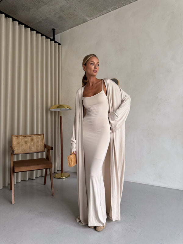 Cerise Ribbed Belted Robe Cardigan – Beige