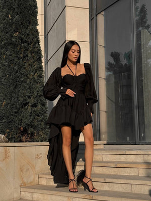 Éliette High-Low Ruffled Dress – Black