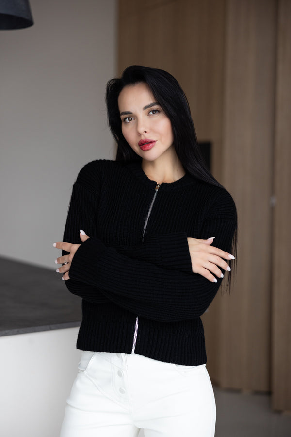 Romy Zip-Front Knit Jacket – Black