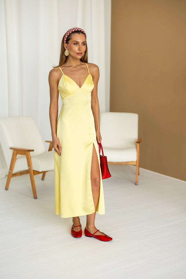 Anaïs Satin Slip Dress – Yellow