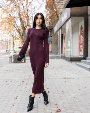 Rosalie Ribbed Midi Dress – Burgundy