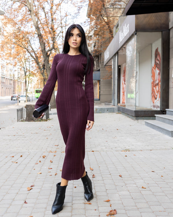 Rosalie Ribbed Midi Dress – Burgundy
