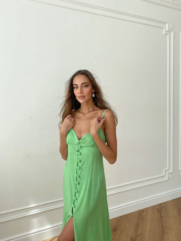 Nolwenn Buttoned Satin Slip Dress – Green