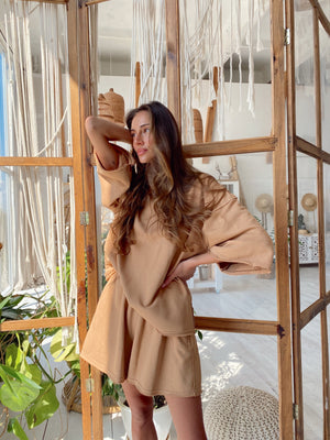 Isaline Oversized Tee & Shorts Set – Camel