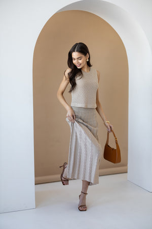 Ophélie Knit Top & Pleated Skirt Set – Beige