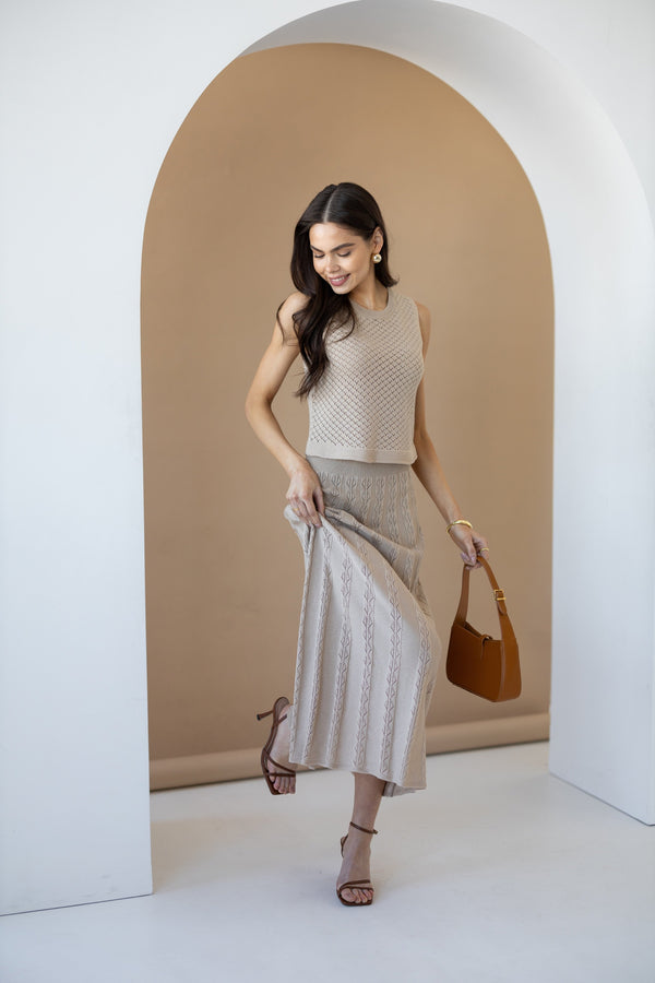 Ophélie Knit Top & Pleated Skirt Set – Beige