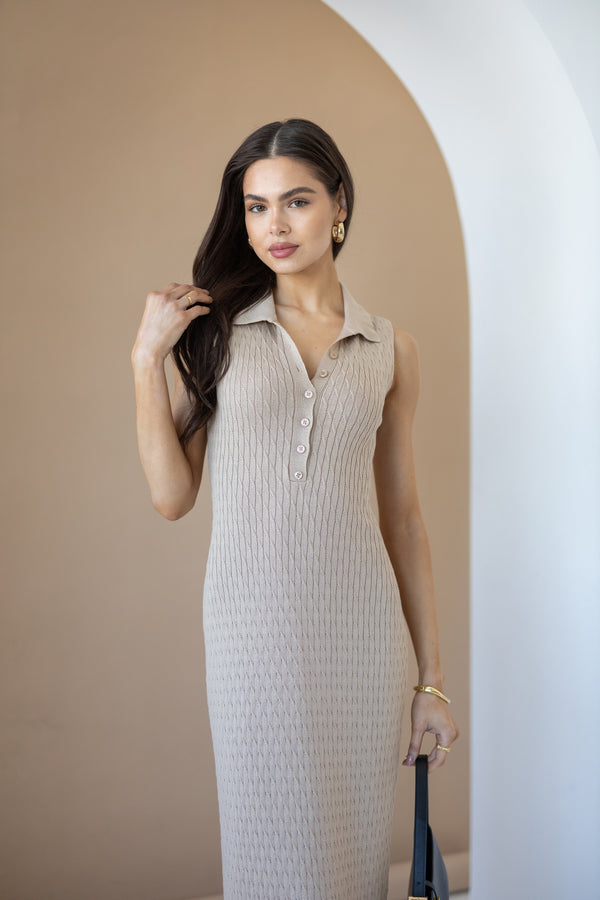 Roxane Sleeveless Polo Knit Dress – Camel