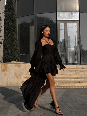 Éliette High-Low Ruffled Dress – Black