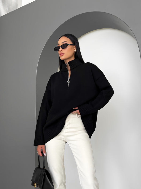 Maren Half-Zip Tunic Sweater – Black