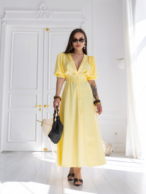 Chiara Button-Front Midi Dress – Yellow