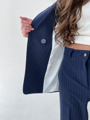 Victoire Double-Breasted Suit Set in Navy Stripe