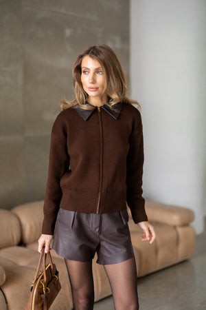Perrine Collared Cable Sweater – Brown