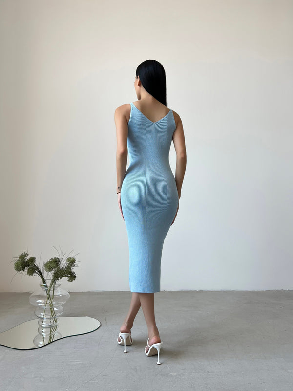 Isaure Ribbed Knit Midi Dress – Sky Blue