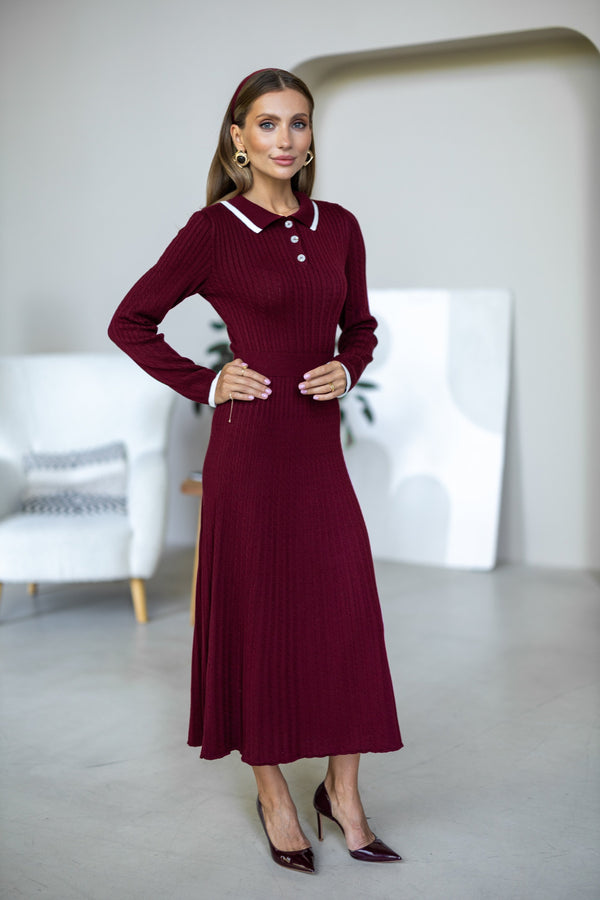 Constance Contrast-Collar Knit Midi Dress – Burgundy