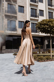 Rosine Satin Bustier Midi Dress in Beige