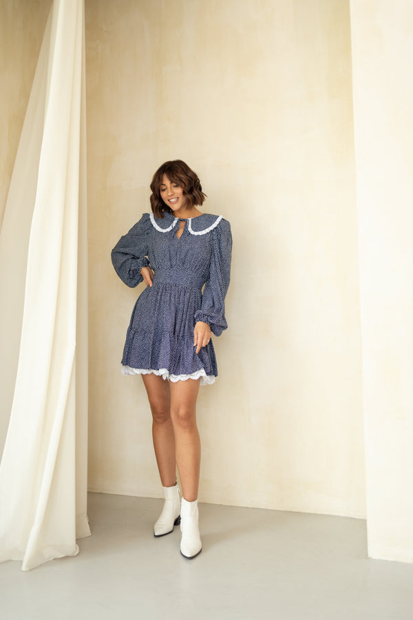 Oriane Lace-Trim Printed Mini Dress – Dusty Blue