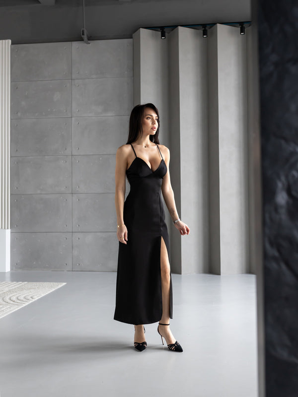 Anaïs Satin Slip Dress – Black