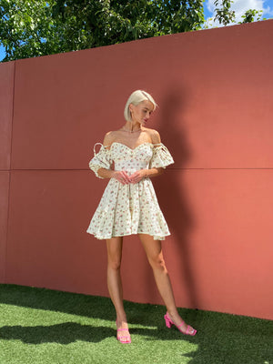 Flavie Off-Shoulder Tiered Mini Dress – Rose